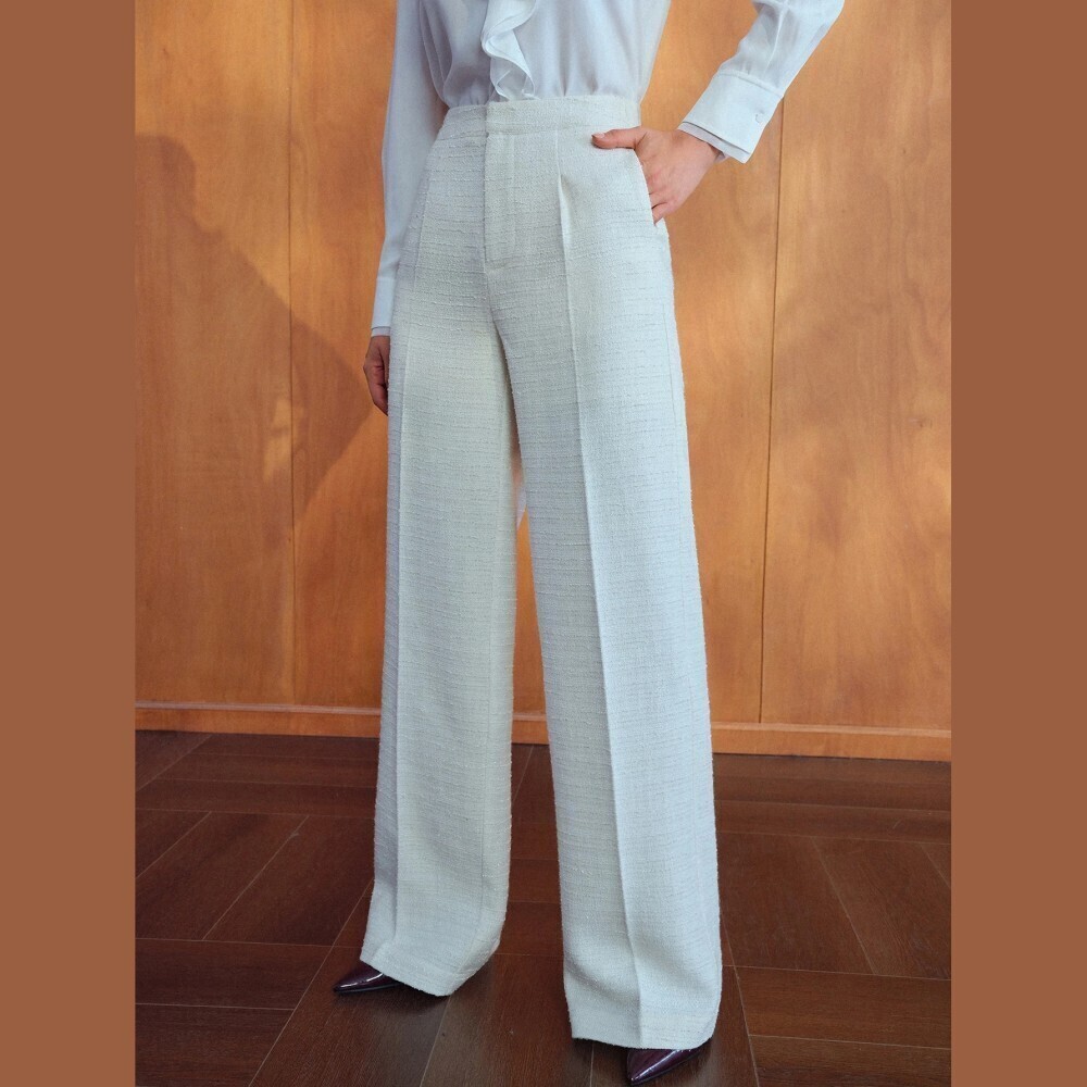 Ivory Textured Tweed Woven High Waist Wide Leg Trousers